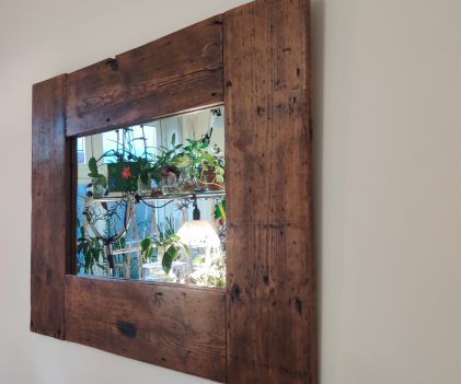 vertical mirror with a recycled wooden floor panels frame